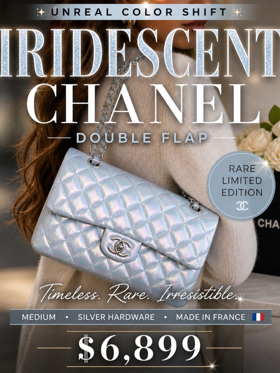 CHANEL Handbags - CHANEL Iridescent Light Blue Classic Double Flap Medium Silver Hardware Rare